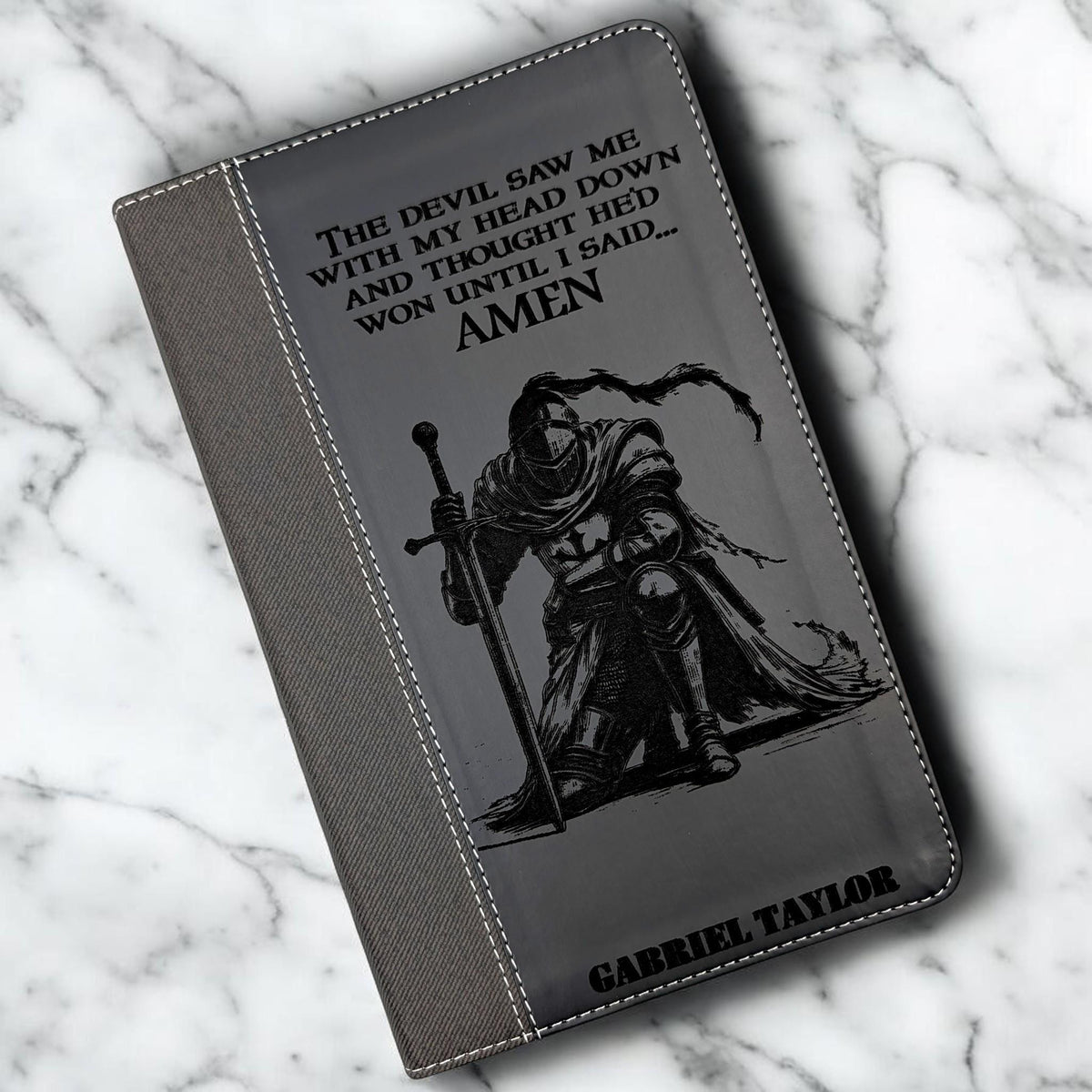 Personalized NIV Bible Large Print: Engraved Kneeling Warrior, Black Leatherlike