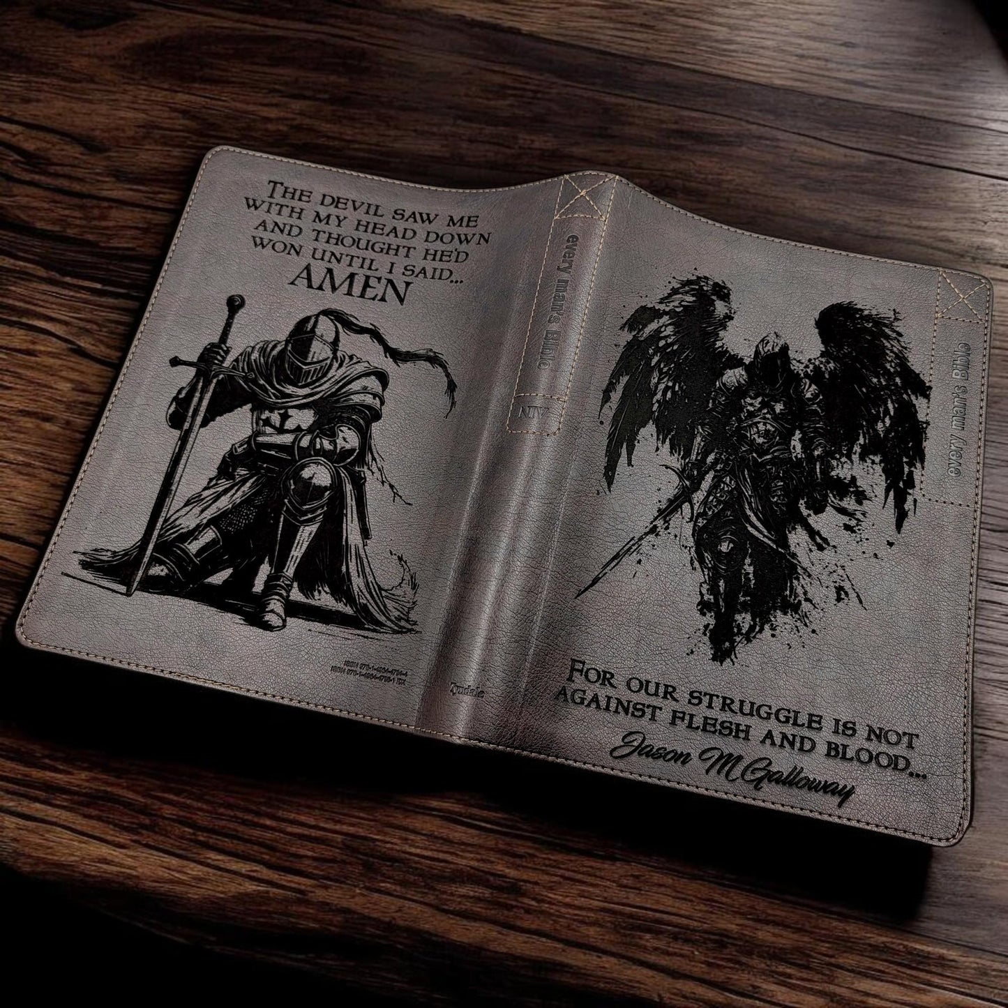 Personalized Every Man's NLT Bible (Brown): Michael Archangel, Kneeling Warrior Engraving, Optional Thumb Index