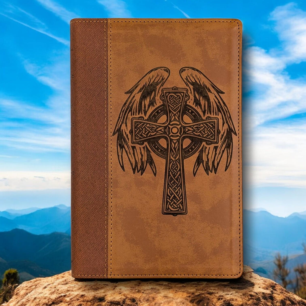 Personalized NIV Bible Large Print: Engraved Celtic Cross & Angel Wings, Brown Leatherlike