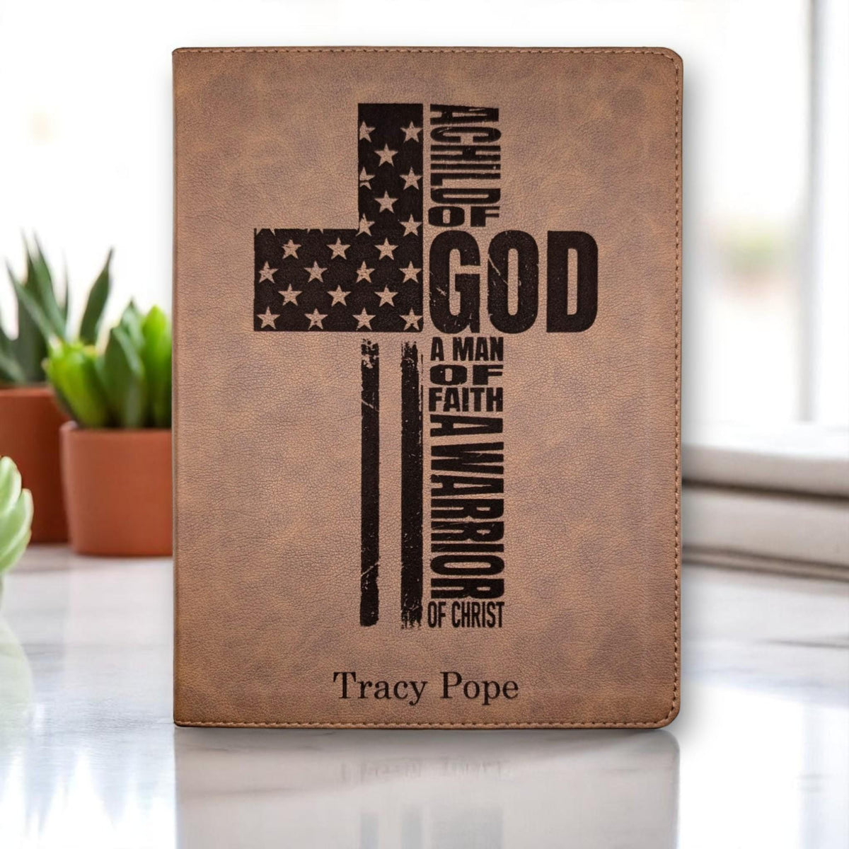 Personalized KJV Bible: Engraved Warrior of God Cross, Wide Margin, Brown Leatherlike