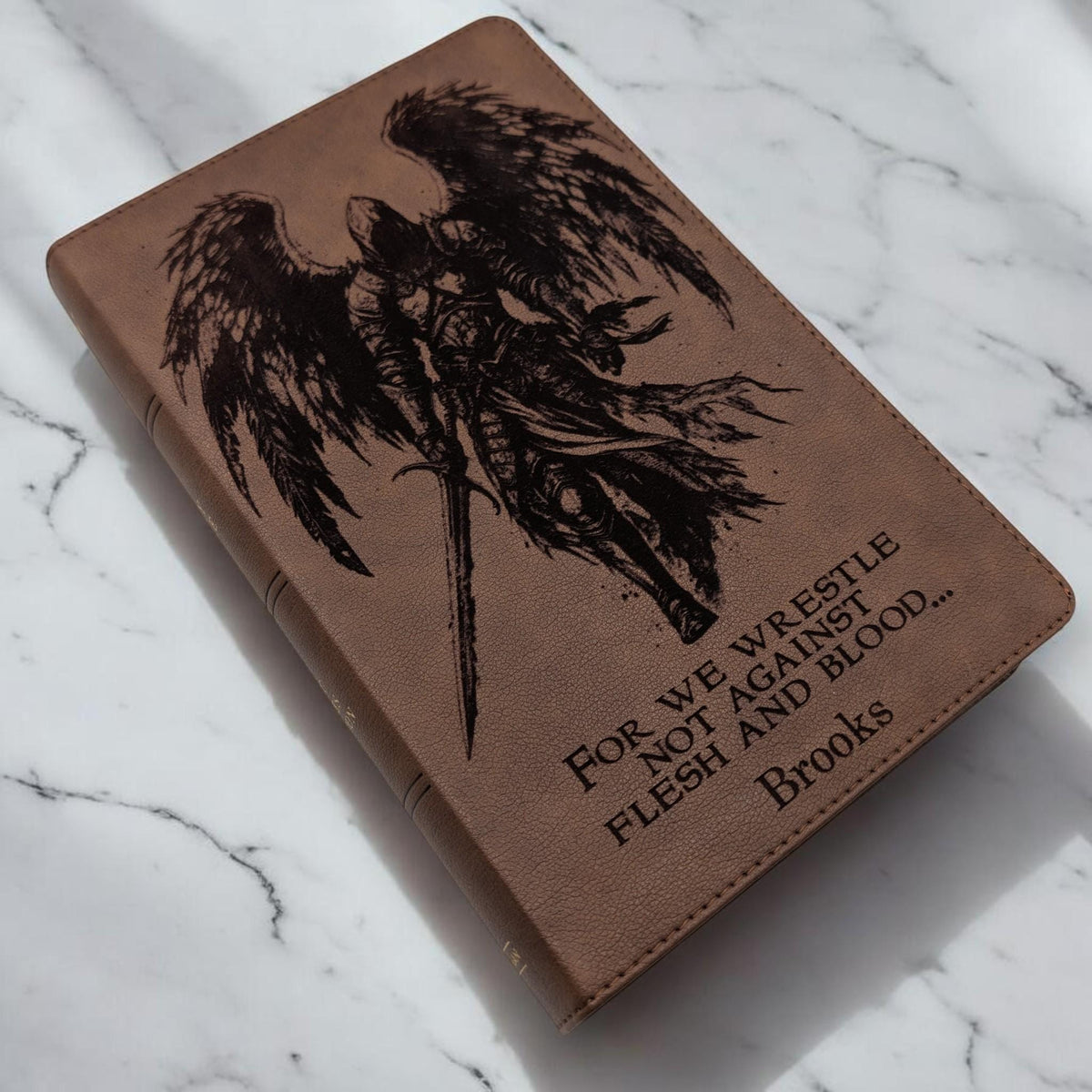 Personalized KJV Bible Personal Size: Engraved Michael the Archangel, Brown Leatherlike