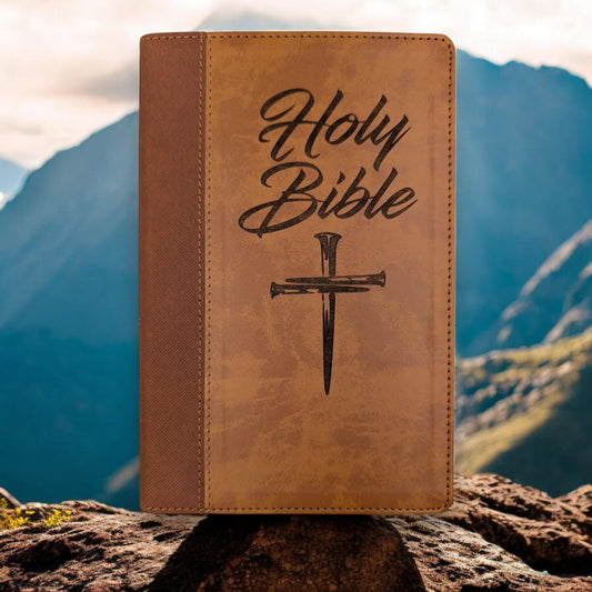 Personalized NIV Bible Large Print: Engraved Cross of Nails, Brown Leatherlike
