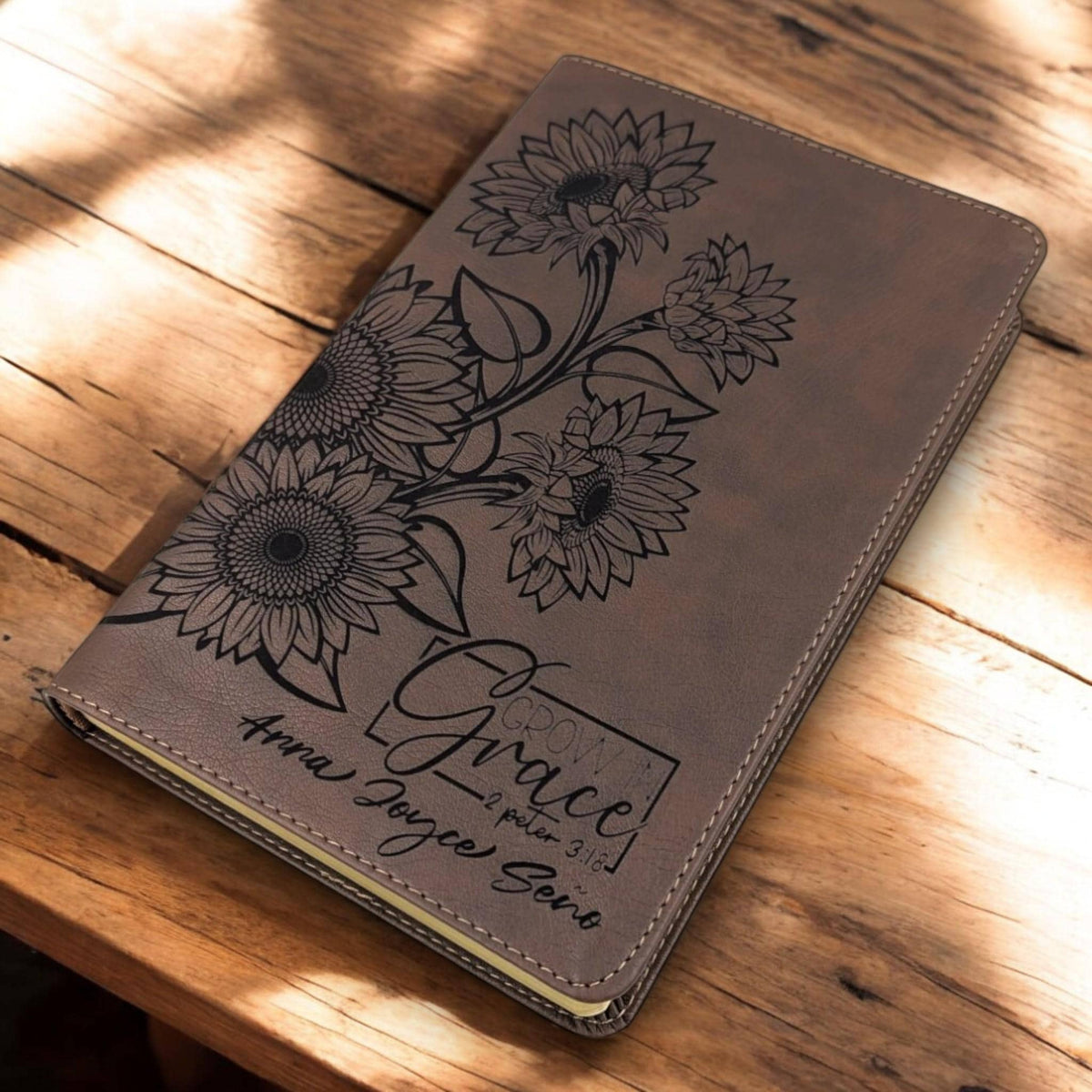 Personalized NLT Thinline Reference Bible for Women: Engraved Sunflower & Grow in Grace, Rustic Brown