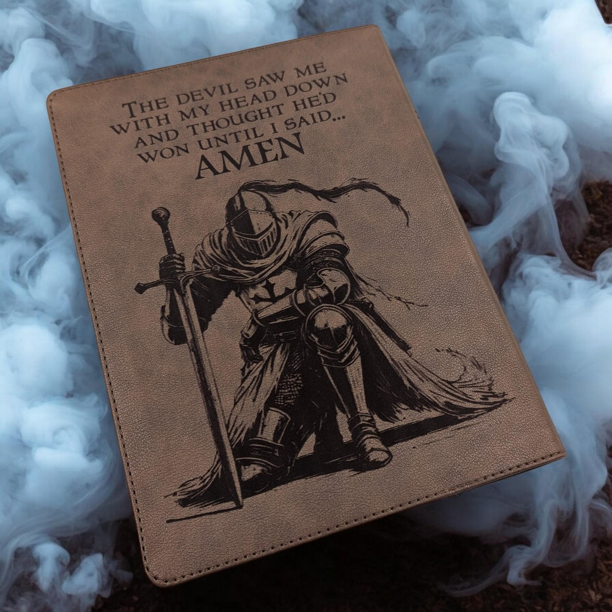 Personalized KJV Bible: Engraved Michael the Archangel and Kneeling Warrior, Wide Margin, Brown Leatherlike