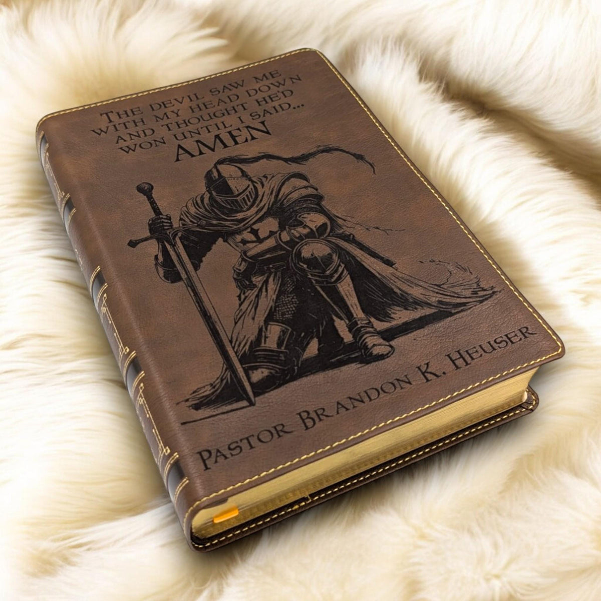 Personalized NKJV Bible with References: Engraved Kneeling Warrior, Wide Margins