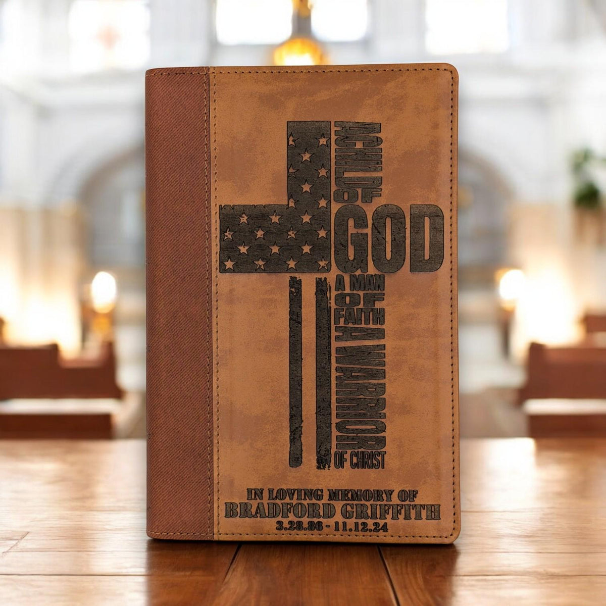 Personalized NIV Bible Large Print: Engraved Warrior of God Cross, Brown Leatherlike