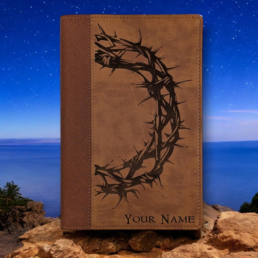 Personalized NIV Bible Large Print: Engraved Crown of Thorns, Brown Leatherlike