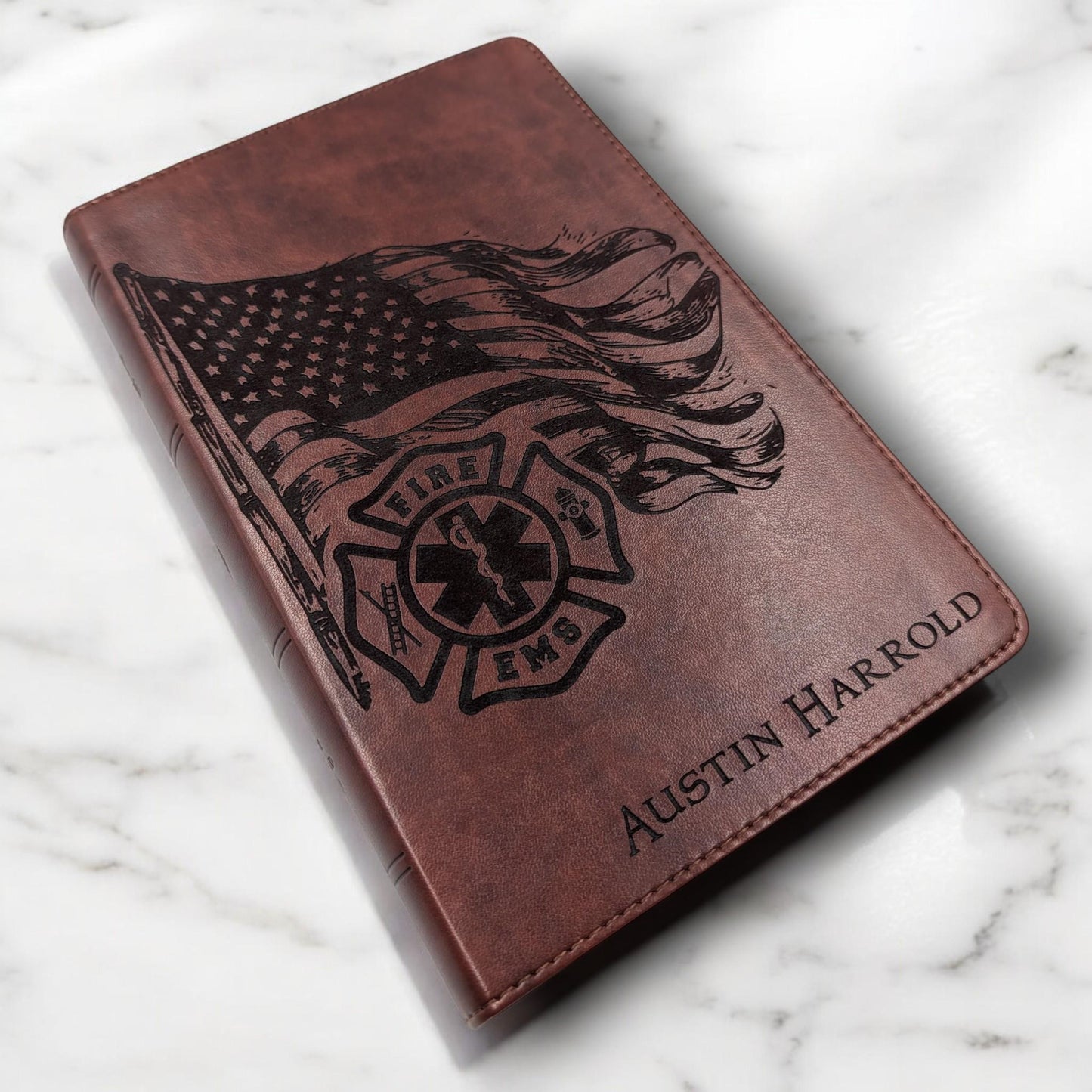Personalized ESV Bible Large Print: Engraved EMS Firefighter and American Flag
