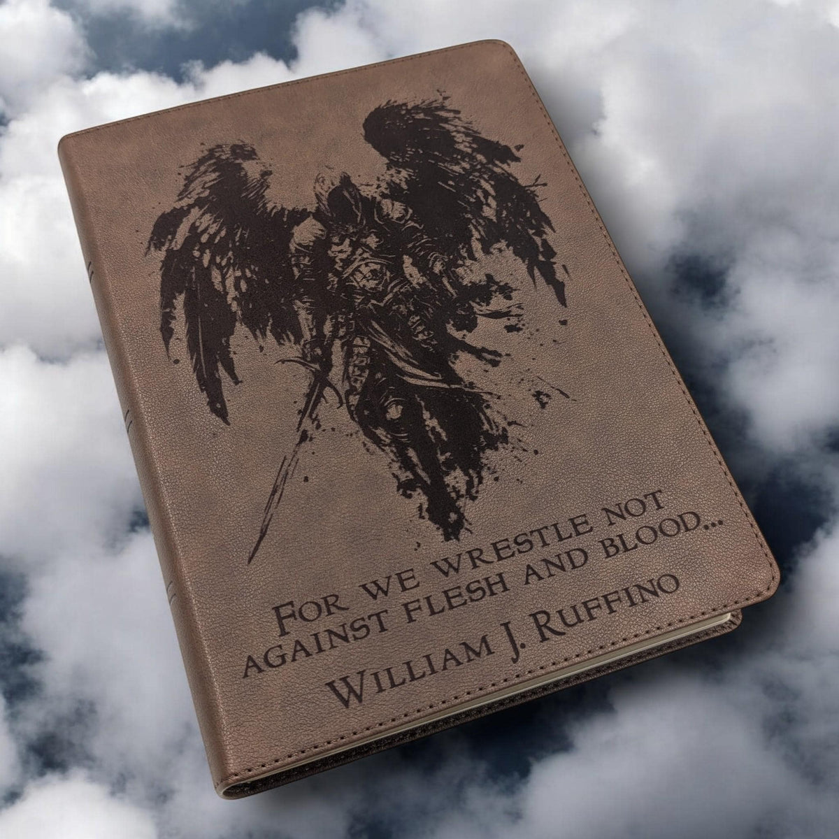 Personalized KJV Bible: Engraved Michael the Archangel and Kneeling Warrior, Wide Margin, Brown Leatherlike