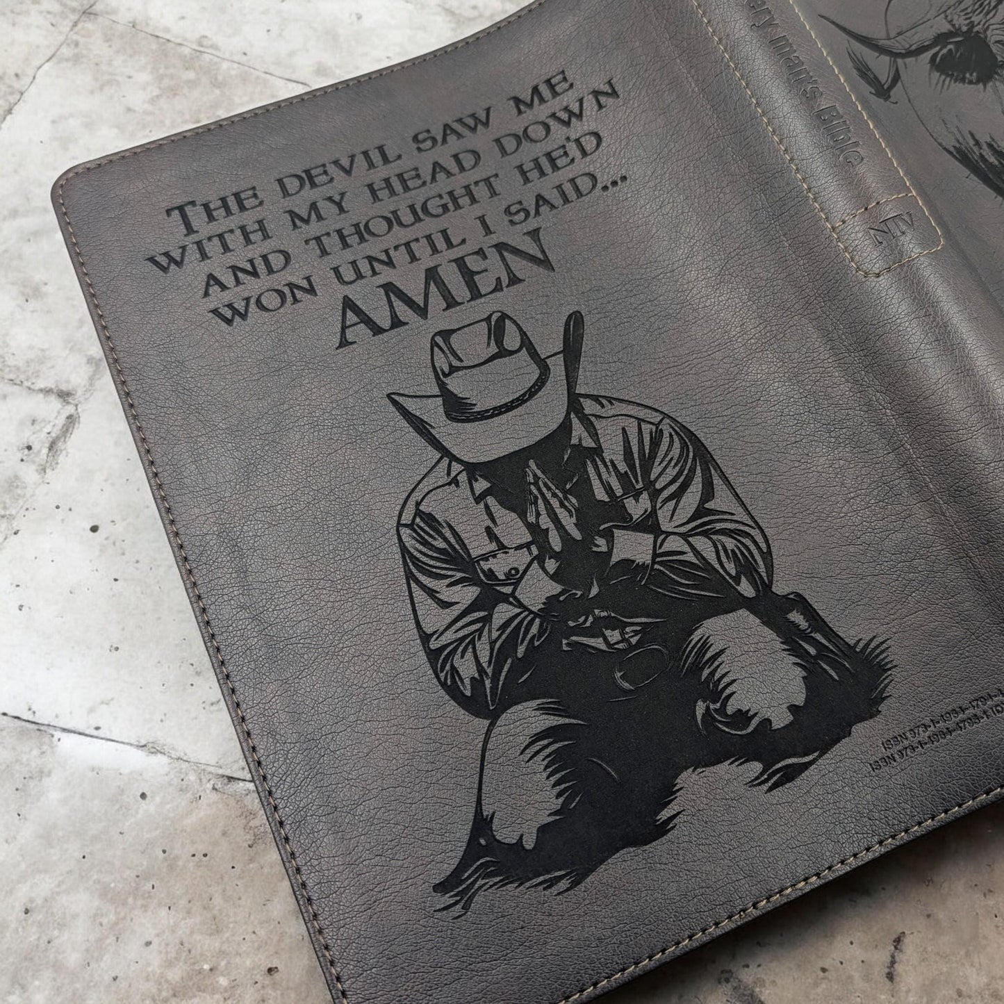 Personalized Every Man's Large Print NIV Bible: Engraved Rodeo Bull and Kneeling Cowboy, Brown
