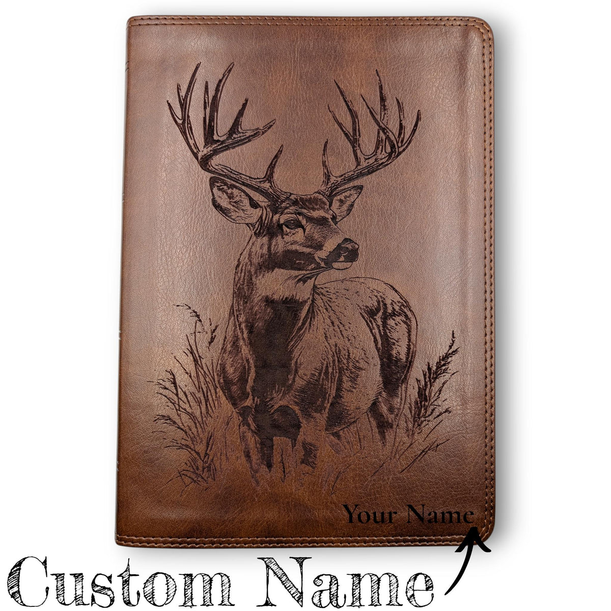 Personalized ESV Bible Giant Print: Engraved Buck Deer, Deep Brown Leatherlike