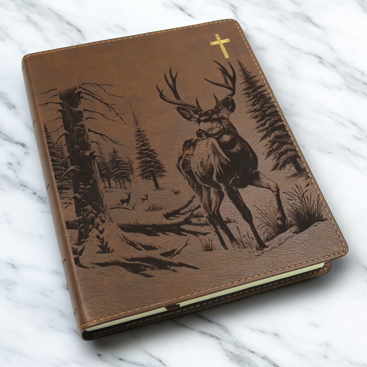 Personalized NIV Journal Bible: Engraved Buck Deer and Nature Scene, Lined Wide Margins