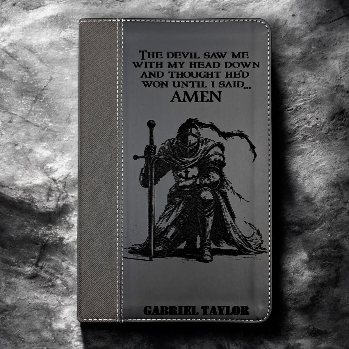 Personalized NIV Bible Large Print: Engraved Kneeling Warrior, Black Leatherlike