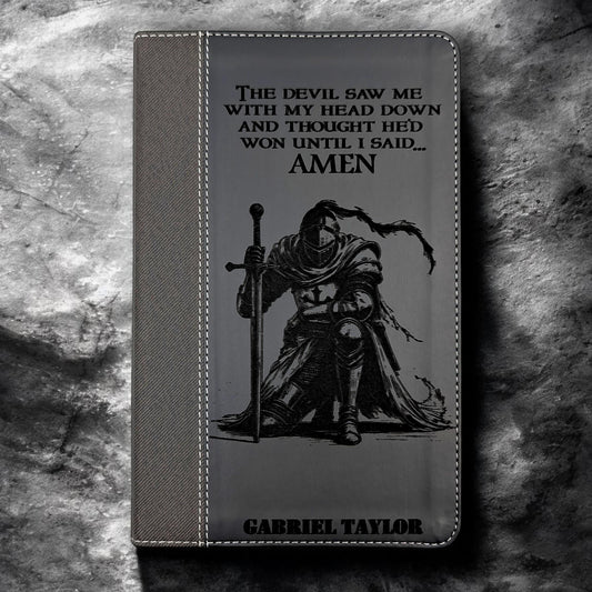 Personalized NIV Bible Large Print: Engraved Kneeling Warrior, Black Leatherlike