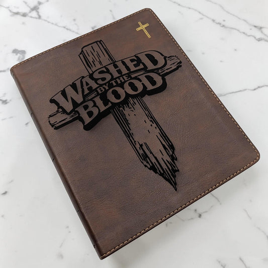 Personalized NIV Journal Bible: Engraved Washed By The Blood Cross Design, Lined Wide Margins