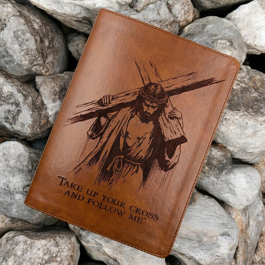 Personalized CSB He Reads Truth Bible: Engraved Cross and Jesus, Brown Leatherlike, Wide Margin