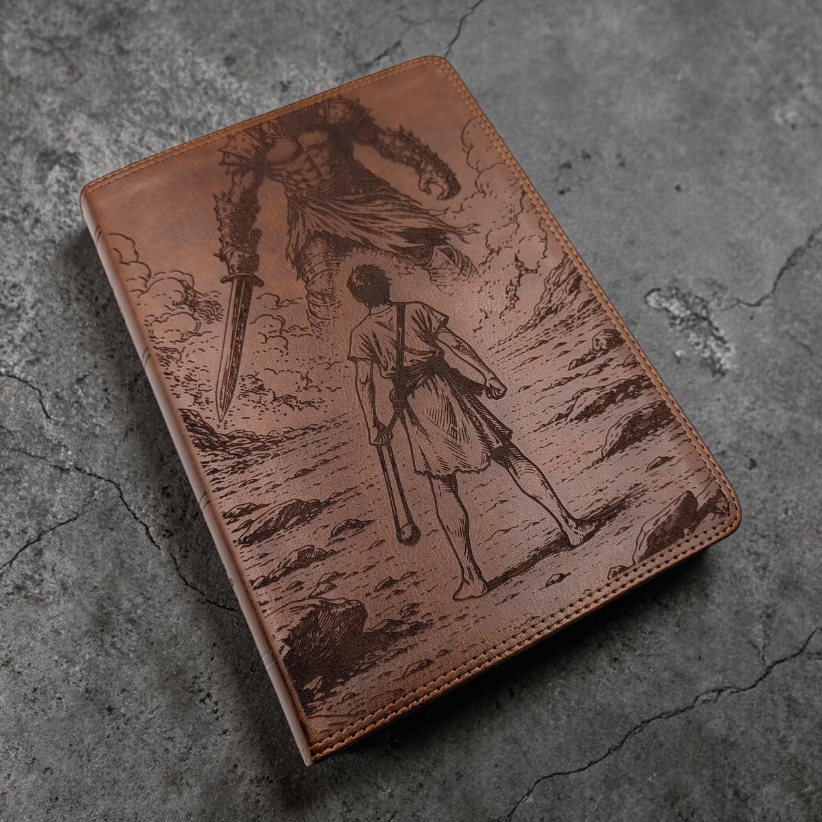 Personalized ESV Bible Giant Print: Engraved David and Goliath Design, Deep Brown Leatherlike