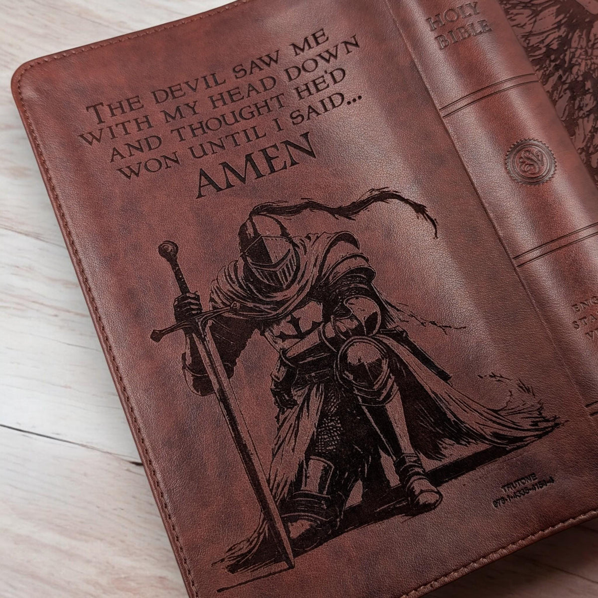 Personalized Large Print ESV Bible: Engraved Lion and Kneeling Warrior
