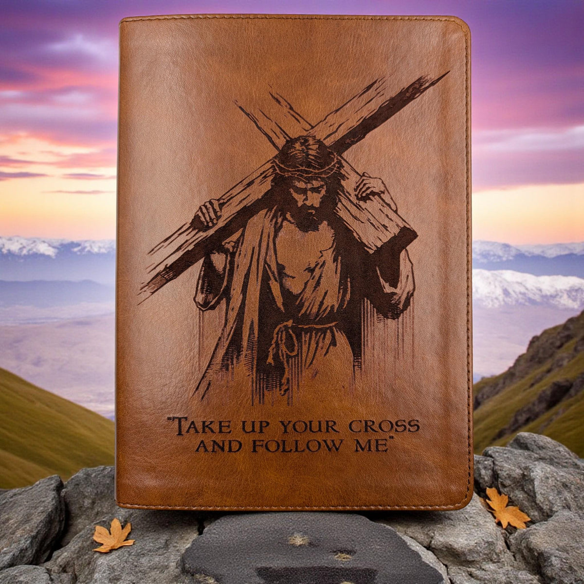 Personalized CSB He Reads Truth Bible: Engraved Cross and Jesus, Brown Leatherlike, Wide Margin