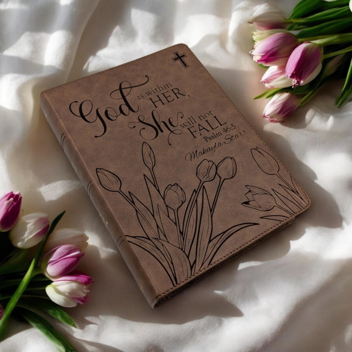 Personalized KJV Bible for Women: Engraved Tulip Flowers & Psalm 46-5, Wide Margin, Brown Leatherlike