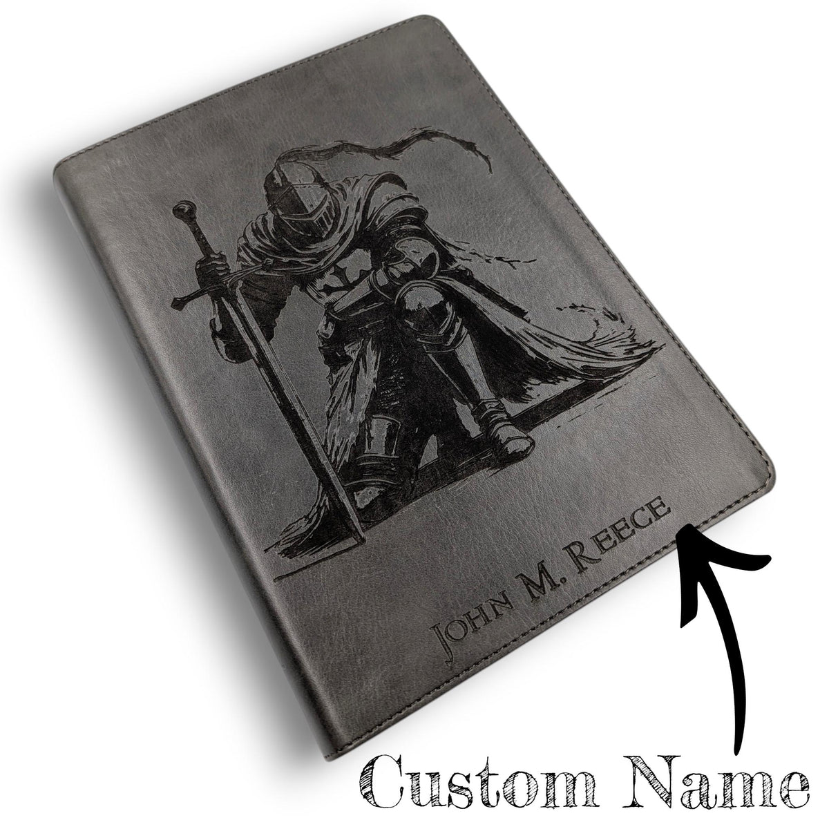 Personalized CSB He Reads Truth Bible: Engraved Kneeling Knight, Gray Leatherlike, Wide Margin