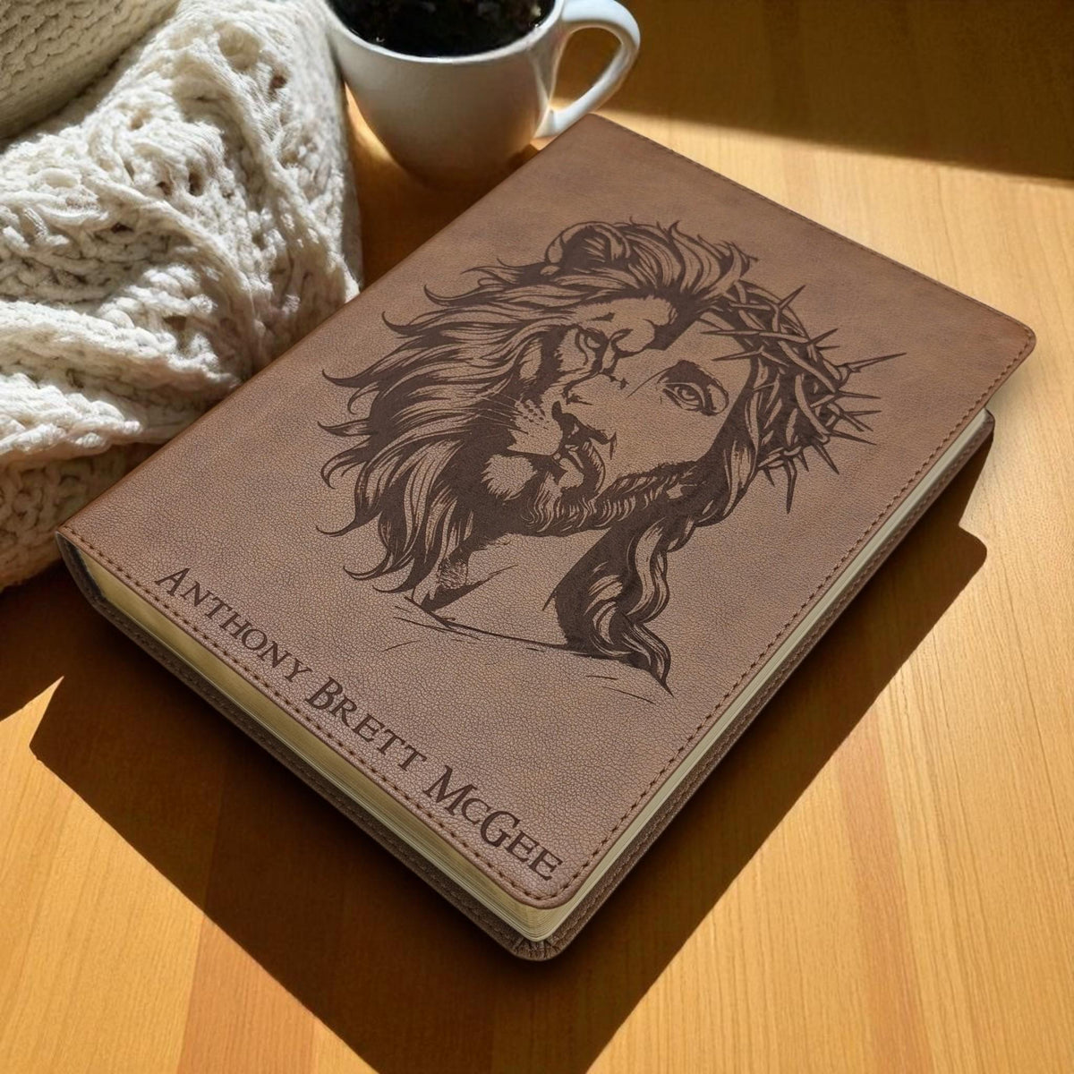 Personalized KJV Bible: Engraved Lion and Jesus, Wide Margin, Brown Leatherlike