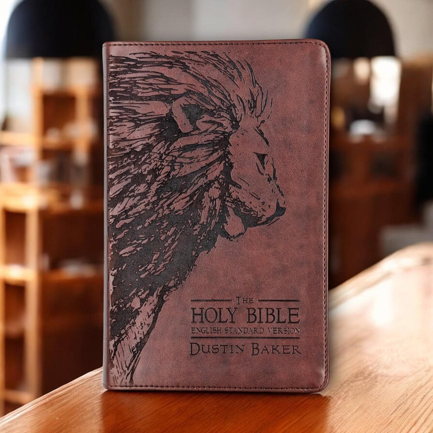 Personalized ESV Bible Large Print: Engraved Lion, Custom Name, Red Letter