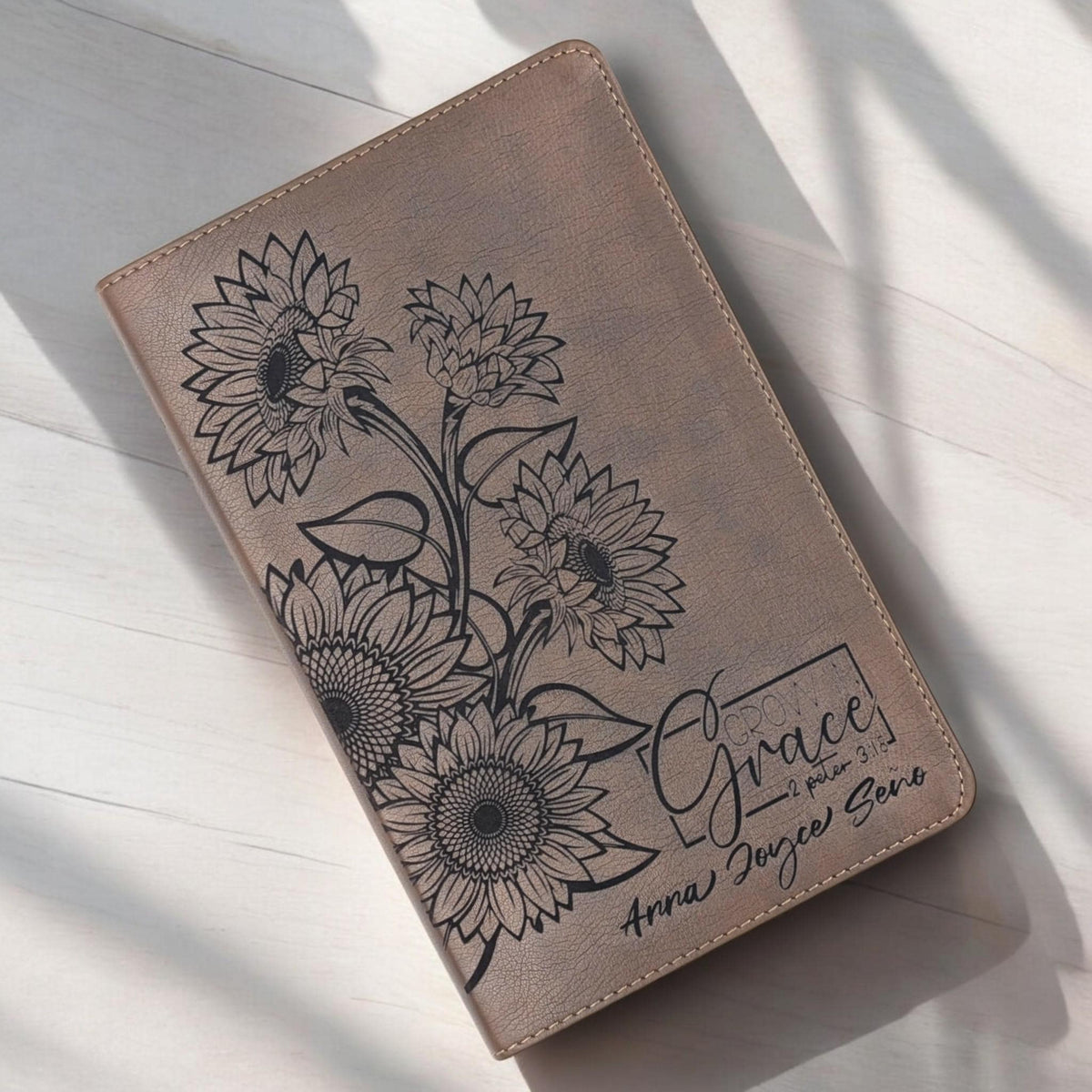 Personalized NLT Thinline Reference Bible for Women: Engraved Sunflower & Grow in Grace, Rustic Brown