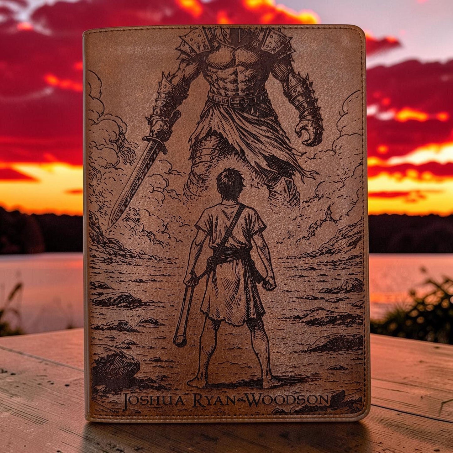 Personalized CSB He Reads Truth Bible: Engraved David & Goliath, Brown Leatherlike, Wide Margin