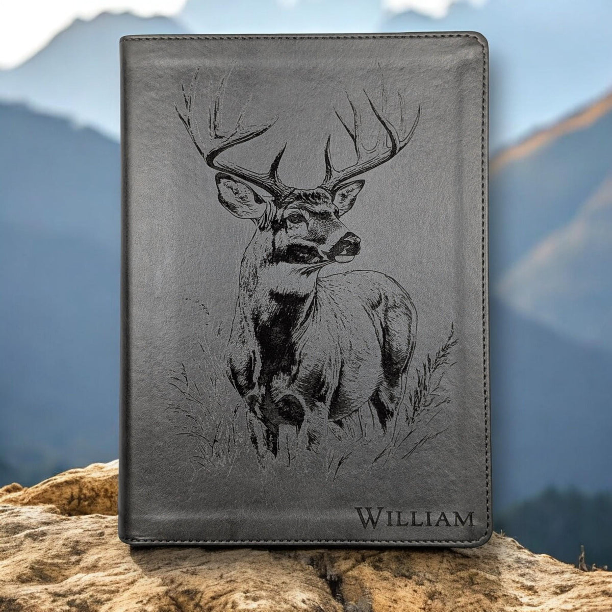 Personalized CSB He Reads Truth Bible: Engraved Buck Deer, Gray Leatherlike, Wide Margin