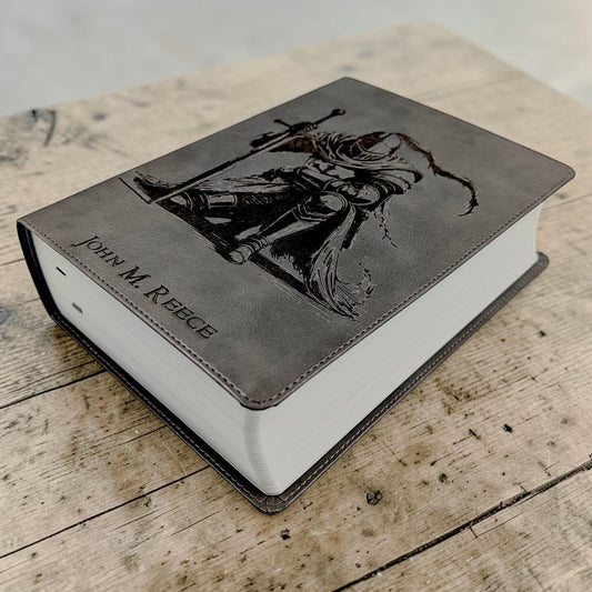 Personalized CSB He Reads Truth Bible: Engraved Kneeling Knight, Gray Leatherlike, Wide Margin