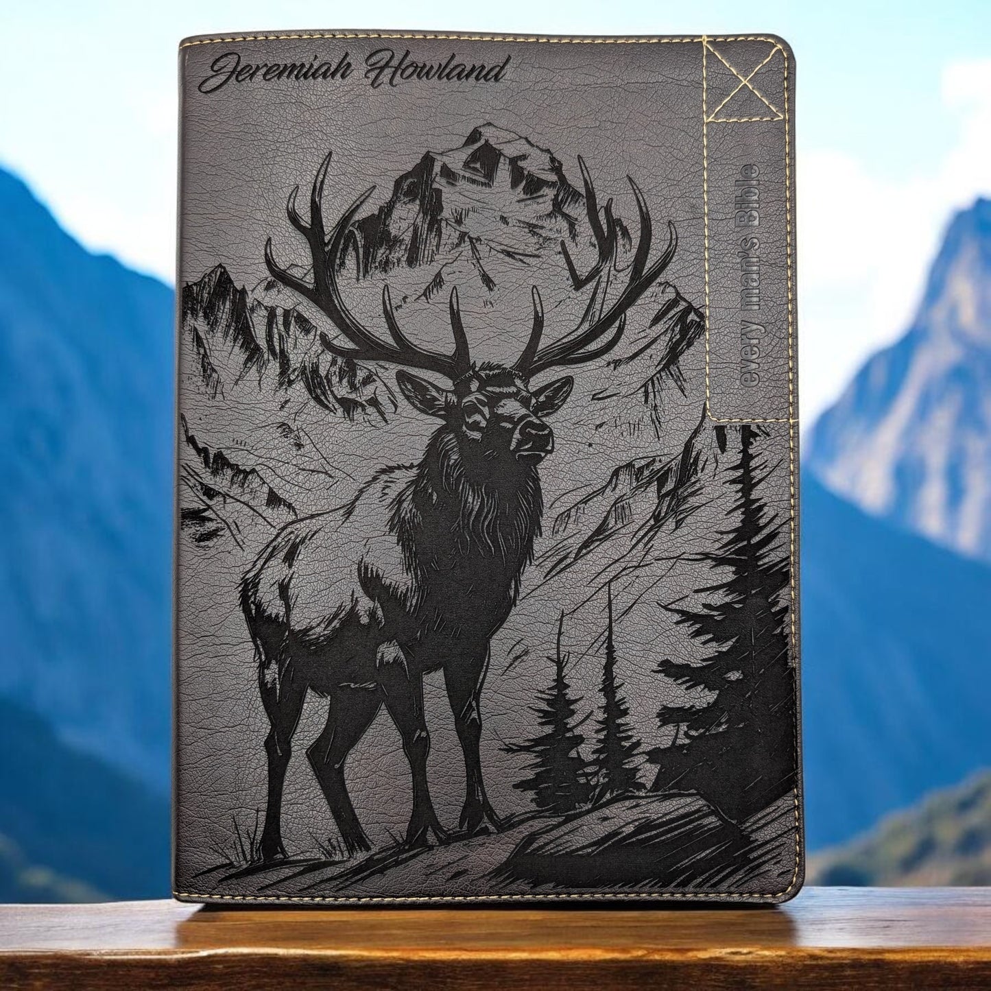 Personalized Every Man's Large Print NIV Bible: Engraved Elk & Mountains, Brown Leatherlike
