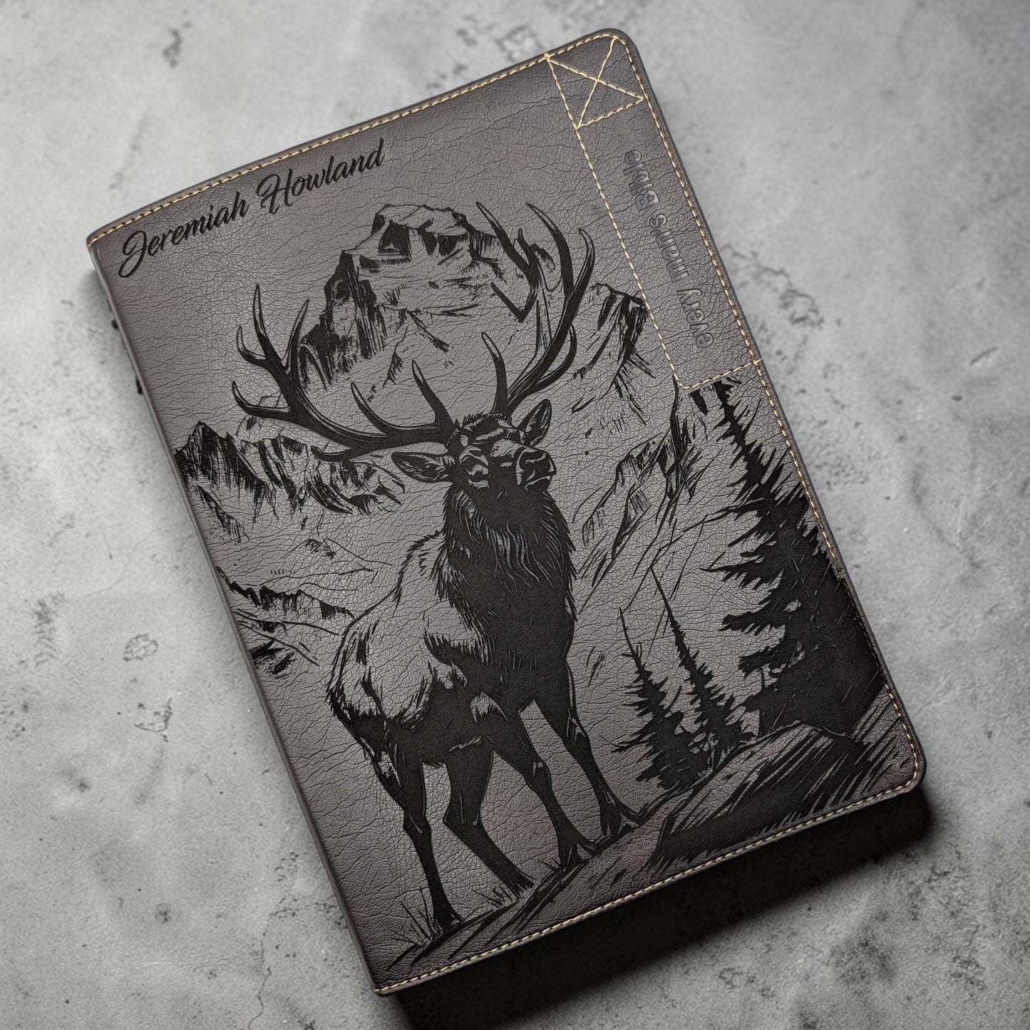 Personalized Every Man's Large Print NIV Bible: Engraved Elk & Mountains, Brown Leatherlike