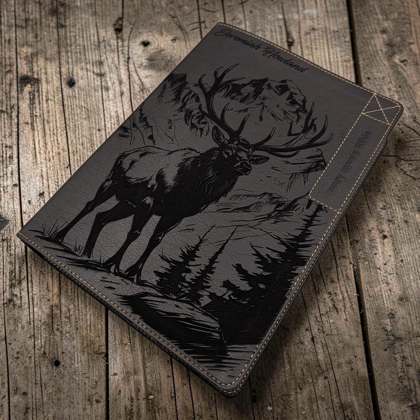 Personalized Every Man's Large Print NIV Bible: Engraved Elk & Mountains, Brown Leatherlike