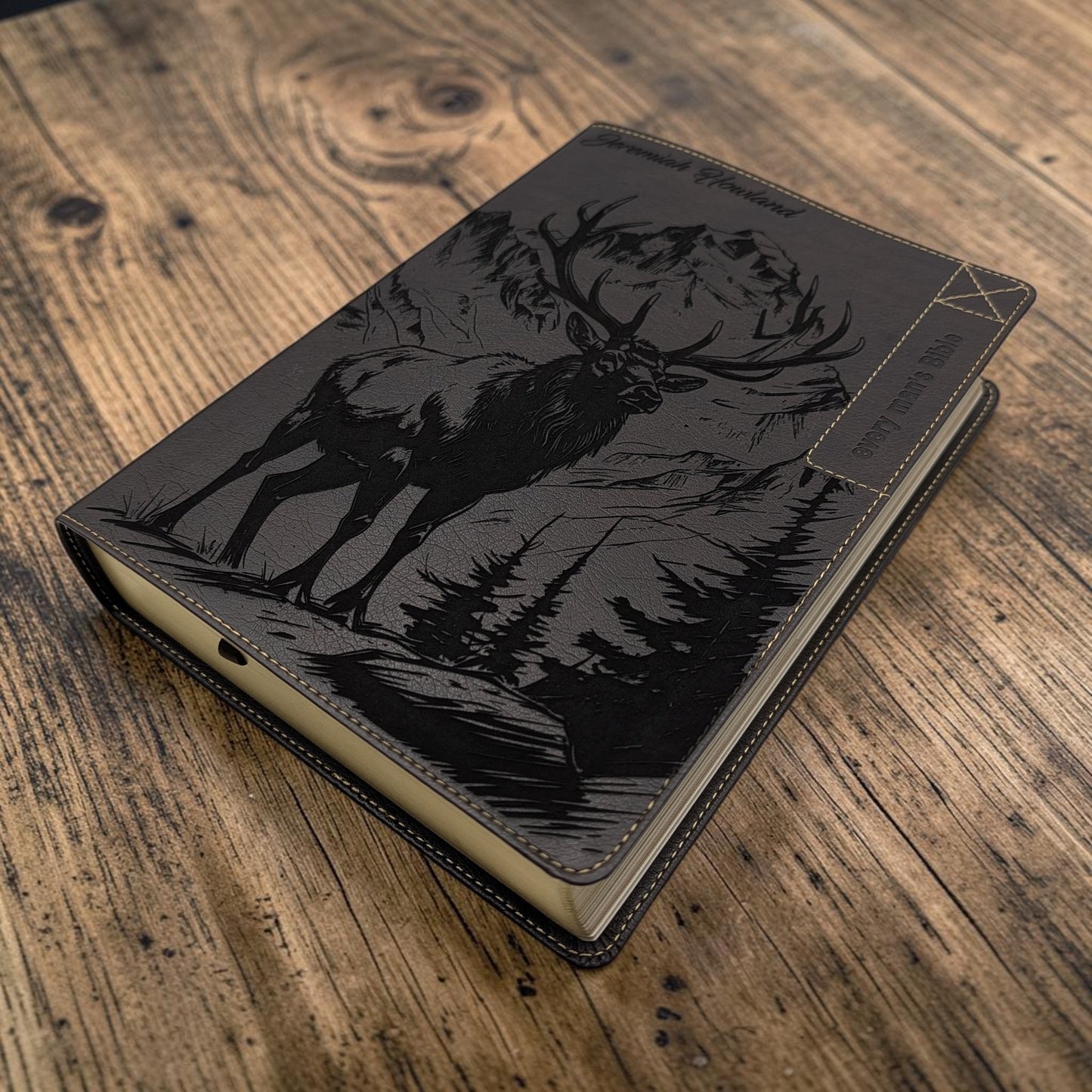 Personalized Every Man's Large Print NIV Bible: Engraved Elk & Mountains, Brown Leatherlike