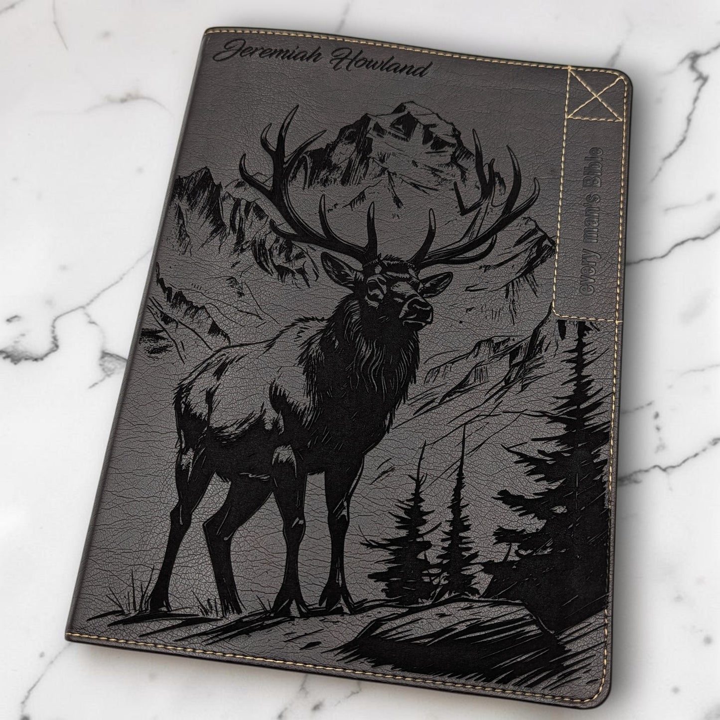 Personalized Every Man's Large Print NIV Bible: Engraved Elk & Mountains, Brown Leatherlike