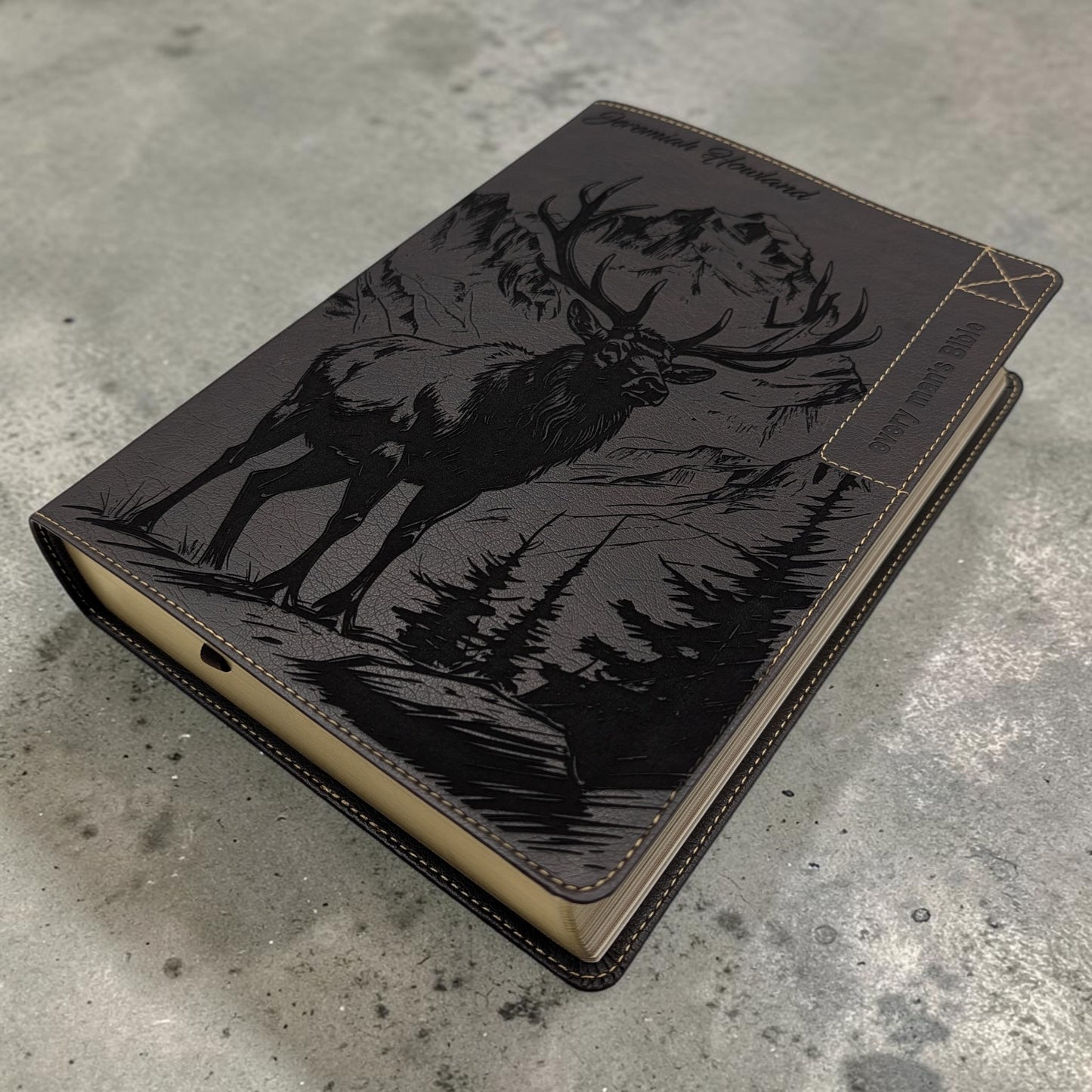 Personalized Every Man's Large Print NIV Bible: Engraved Elk & Mountains, Brown Leatherlike