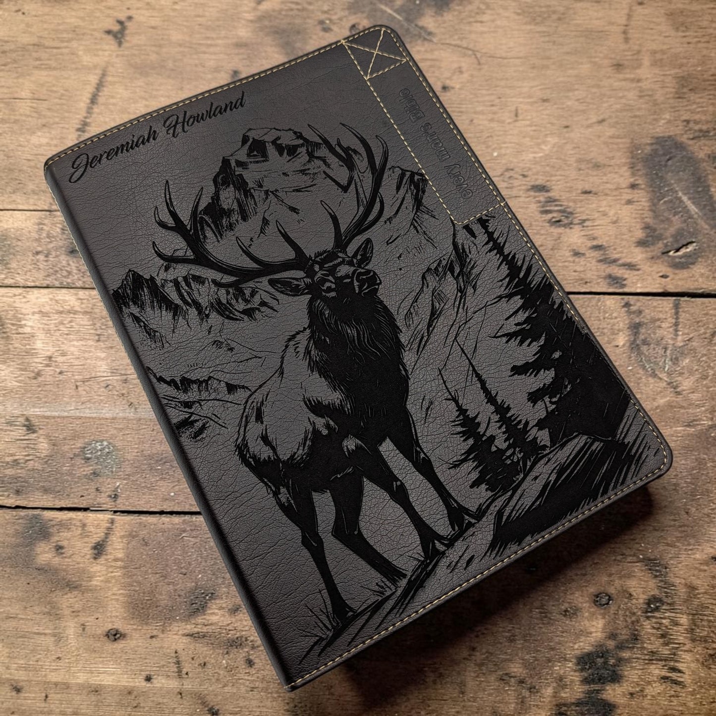 Personalized Every Man's Large Print NIV Bible: Engraved Elk & Mountains, Brown Leatherlike