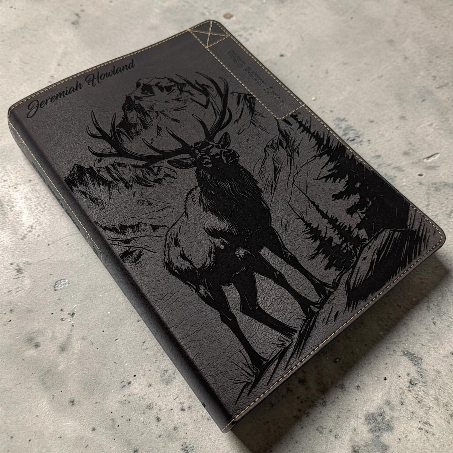 Personalized Every Man's Large Print NIV Bible: Engraved Elk & Mountains, Brown Leatherlike