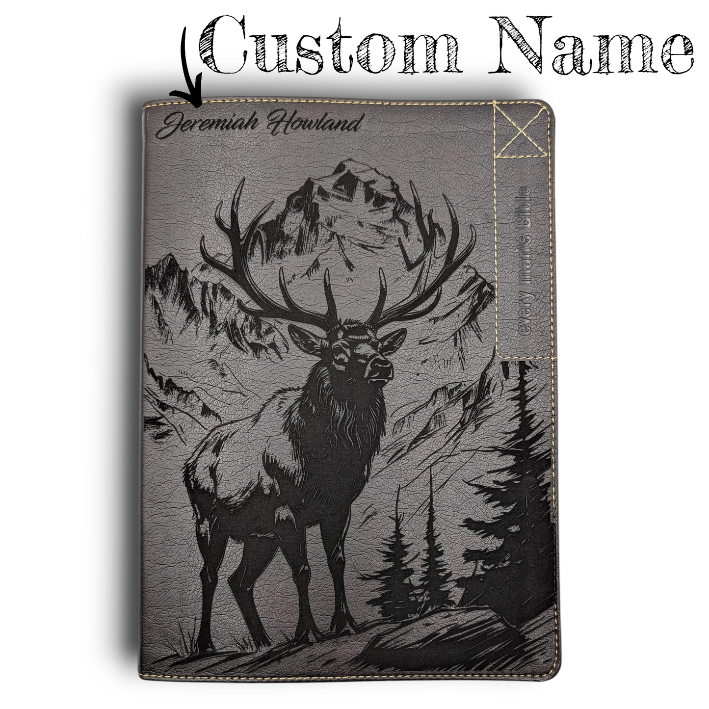 Personalized Every Man's Large Print NIV Bible: Engraved Elk & Mountains, Brown Leatherlike