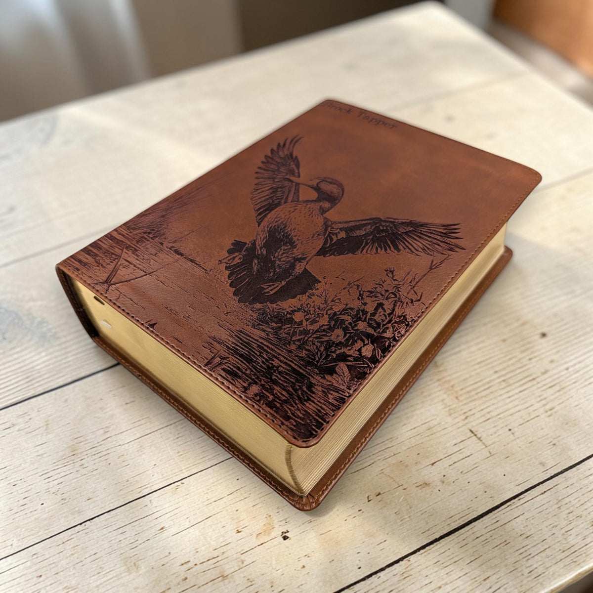 Personalized CSB He Reads Truth Bible: Engraved Duck design, Brown Leatherlike, Wide Margin