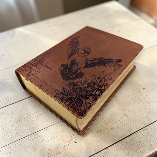 Personalized CSB He Reads Truth Bible: Engraved Duck design, Brown Leatherlike, Wide Margin