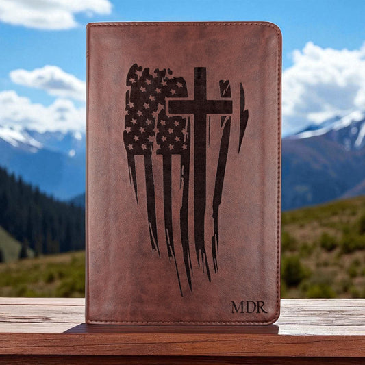 Personalized ESV Bible Large Print: Engraved American Flag, Cross and Custom Name