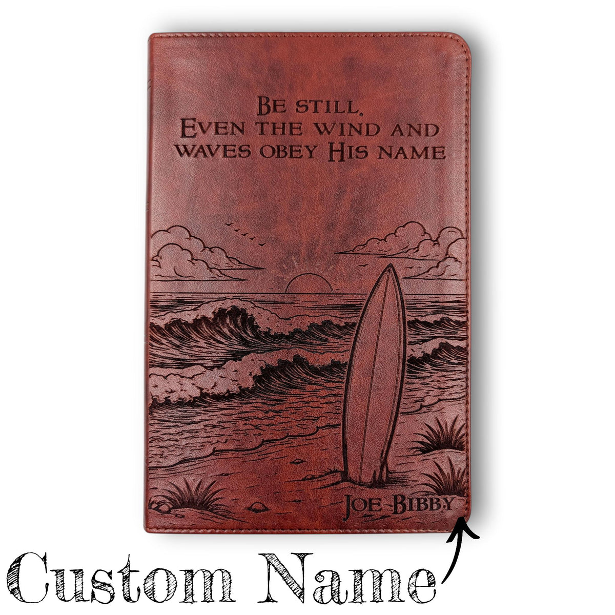 Personalized ESV Bible Large Print: Engraved with Ocean Waves and Surfboard Design, Custom Name