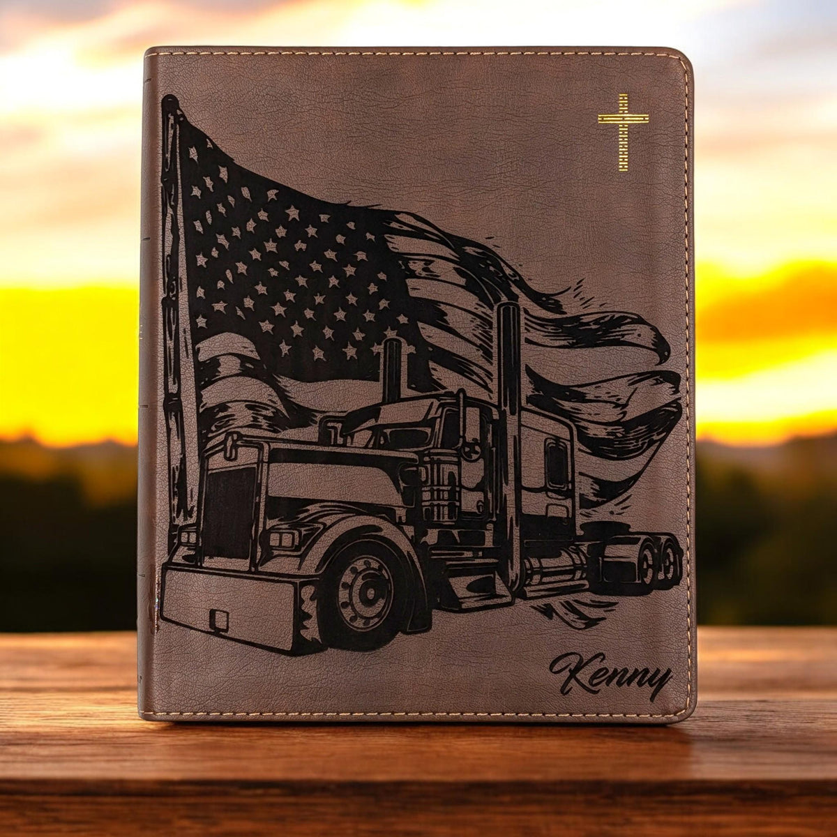 Personalized NIV Journal Bible: Engraved Semi Truck and American Flag, Lined Wide Margins