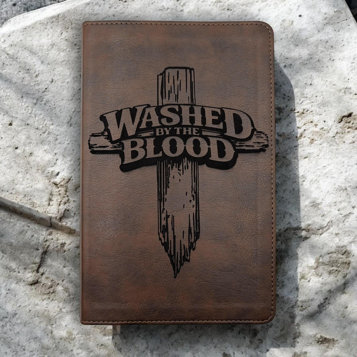 Personalized NLT Thinline Reference Bible: Engraved Washed By The Blood Cross Design, Rustic Brown Cover