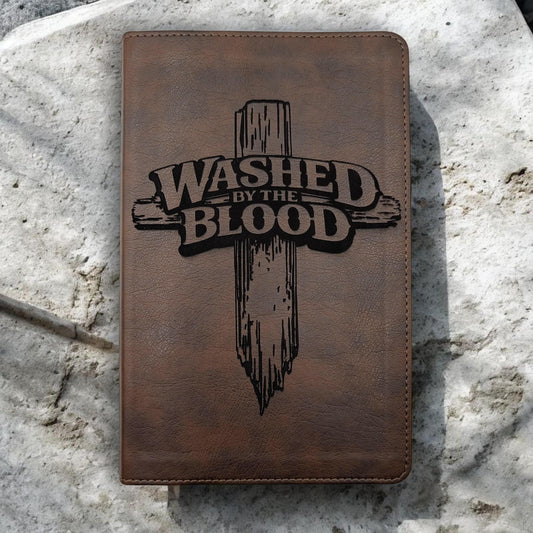 Personalized NLT Thinline Reference Bible: Engraved Washed By The Blood Cross Design, Rustic Brown Cover