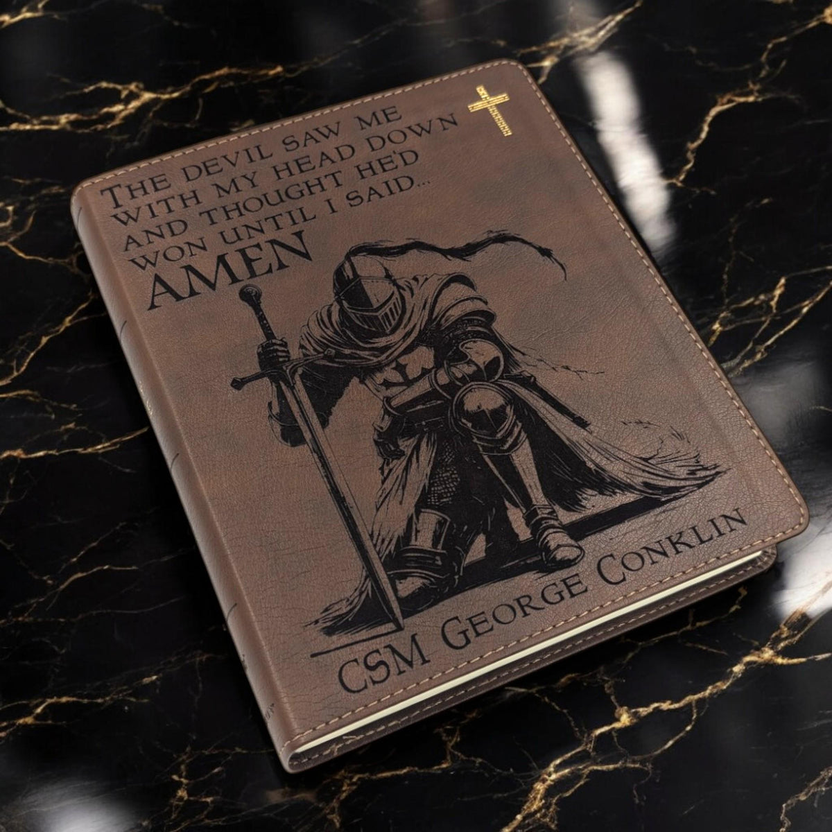 Personalized NIV Journal Bible: Engraved Kneeling Warrior, Lined Wide Margins