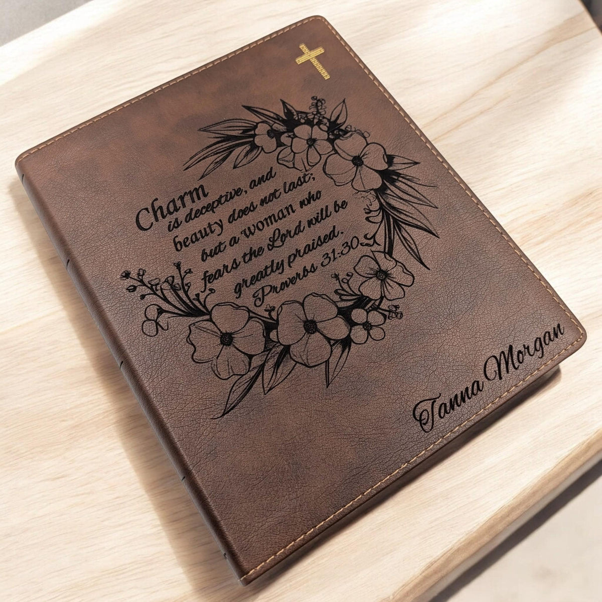 Personalized NIV Journal Bible: Engraved Flower Wreath and Proverbs 31-30, Lined Wide Margins