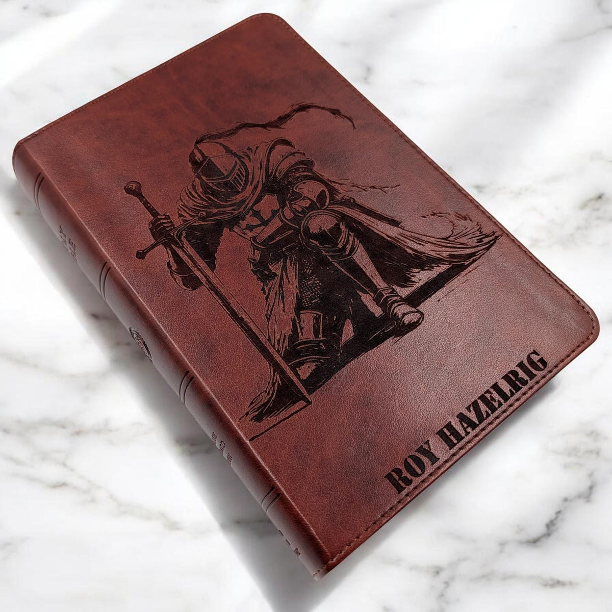 Personalized ESV Bible Large Print: Engraved Kneeling Warrior, Chestnut Brown Cover, Red Letter